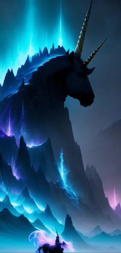 Mystical unicorn artwork set against glowing blue mountains.