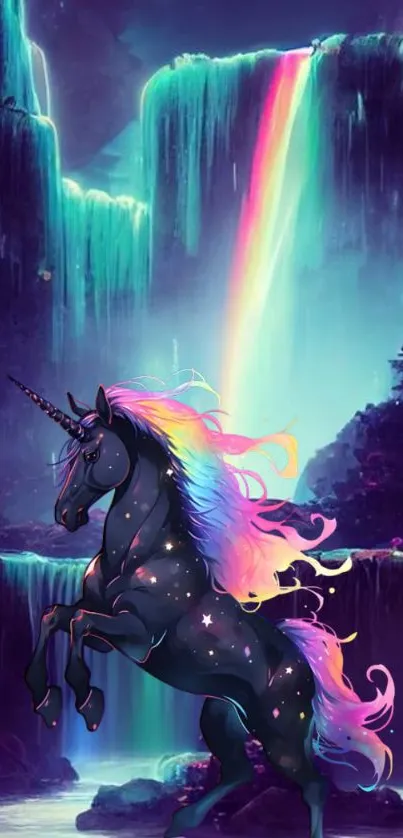 Cosmic unicorn with rainbow mane in front of a glowing waterfall.