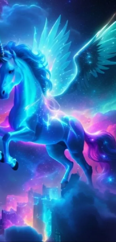A majestic unicorn with wings flying through a colorful, celestial sky.