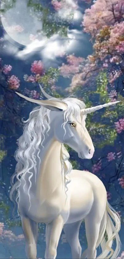 Majestic unicorn in a mystical forest with blooming trees and moonlight.