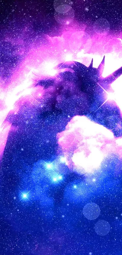 Mystical unicorn in a glowing purple galaxy background.