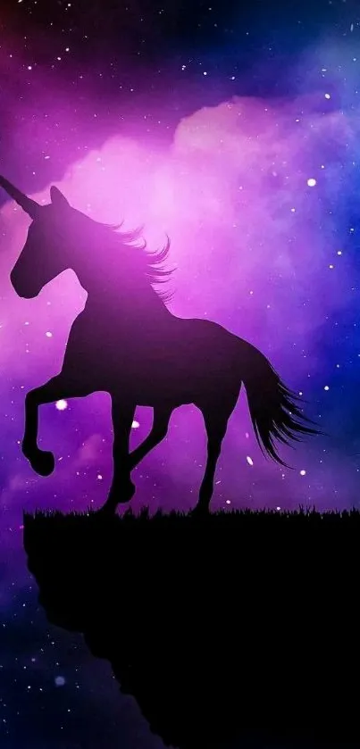 Unicorn silhouette against starry galaxy backdrop in vibrant colors.