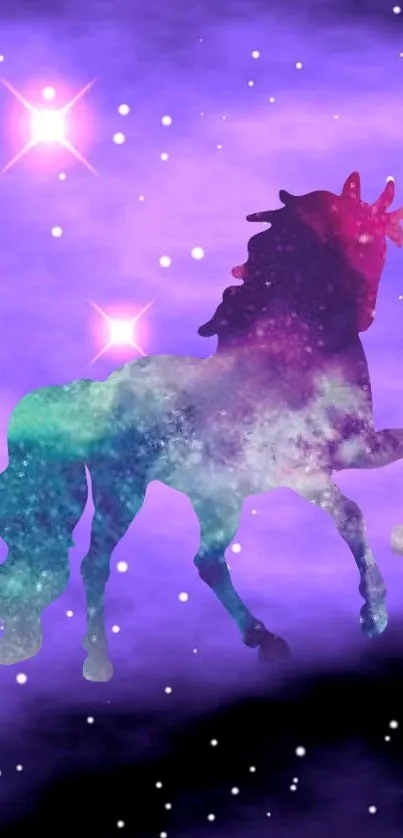 Mystical unicorn silhouette against a starry purple galaxy background.