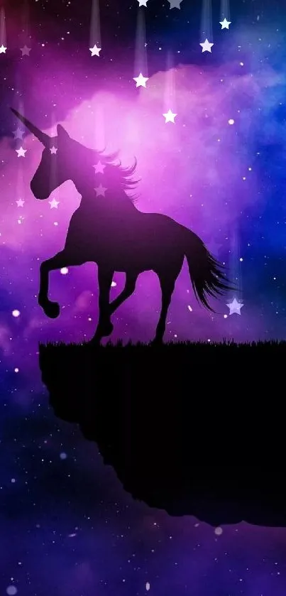 Silhouette of unicorn against a vibrant purple galaxy backdrop.