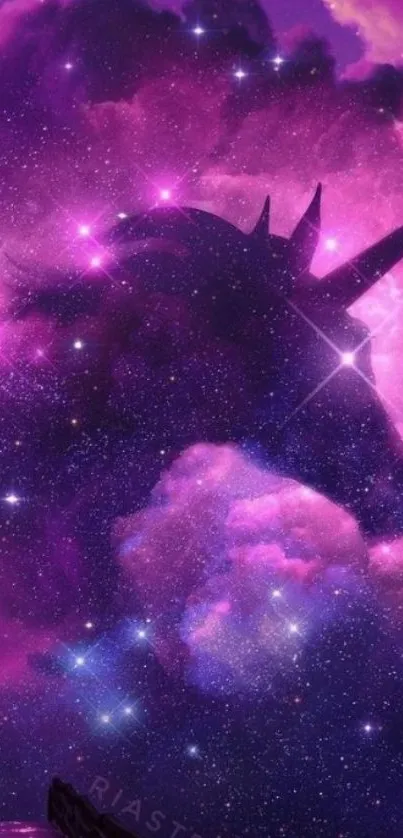 Mystical unicorn silhouette against purple galaxy sky with stars.