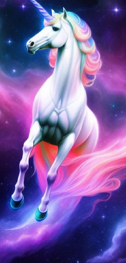 A majestic unicorn gallops through a purple galaxy, enhancing your phone screen.