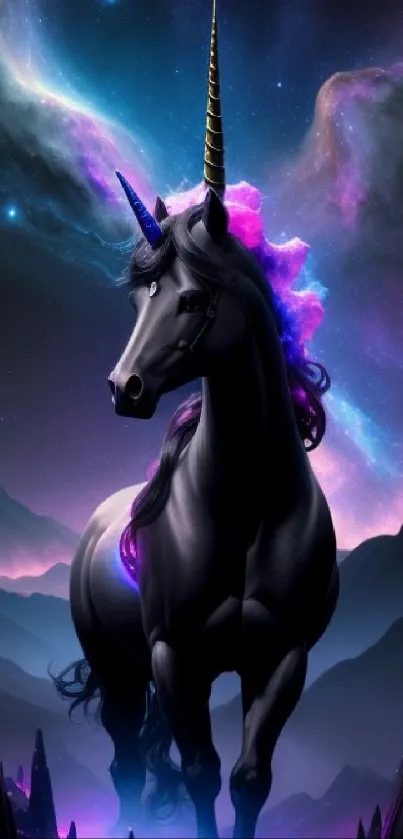 Majestic unicorn amidst vibrant galaxy with deep purples and starry skies.