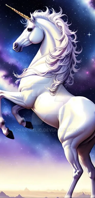 Mystical unicorn rearing against a starry galaxy sky.