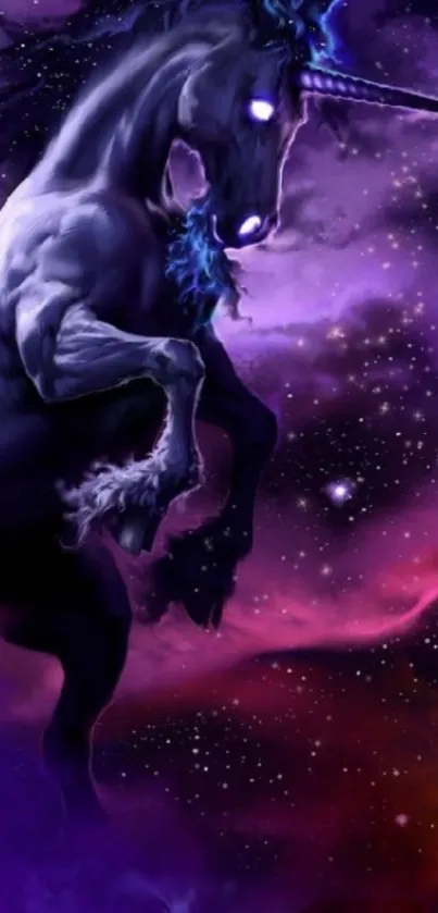 Mystical unicorn in a purple cosmic galaxy space.