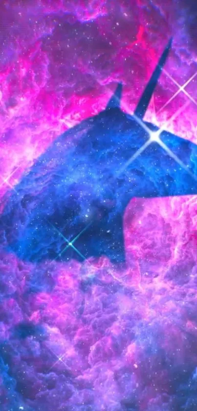 Mystical unicorn silhouette in colorful galaxy nebula wallpaper.