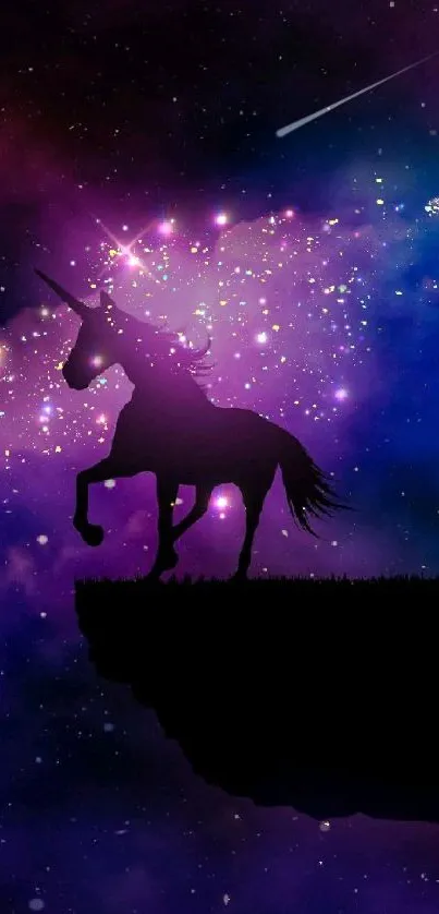 Unicorn silhouette against a vibrant galaxy sky background wallpaper.