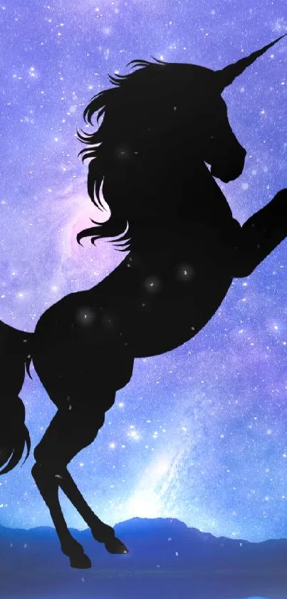 Silhouette of a unicorn against a starry purple galaxy background.