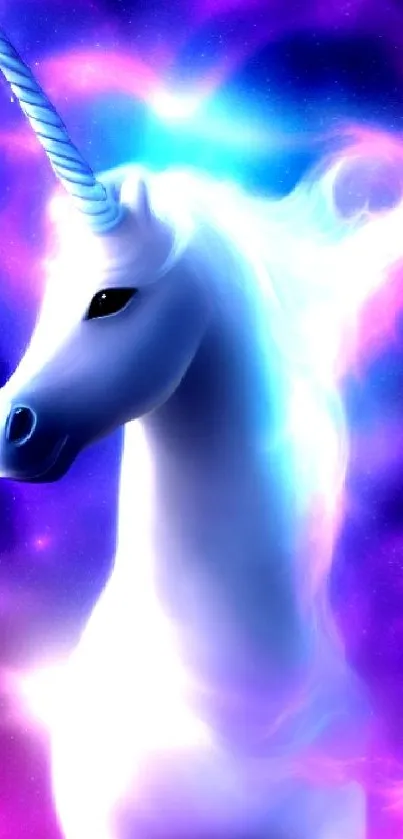 Mystical unicorn with glowing mane in a vibrant galaxy background.