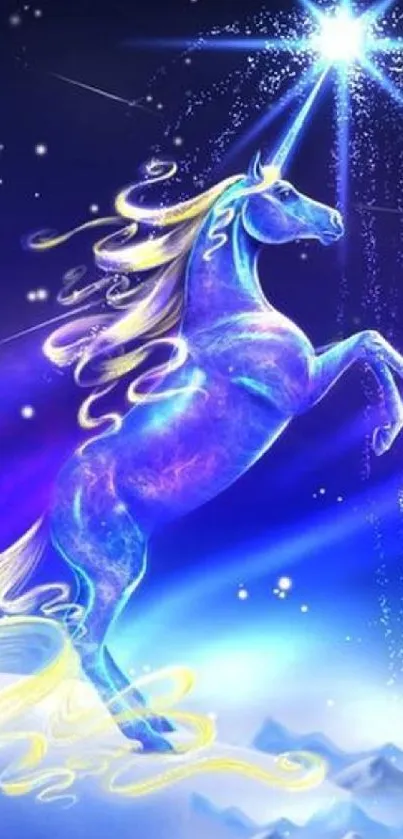 Mystical unicorn rearing under a galaxy star.