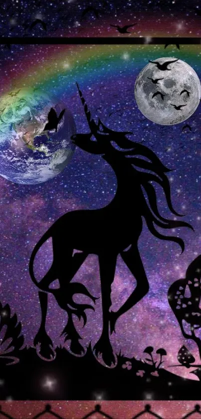 Unicorn silhouette with galaxy background, planets, and moon.