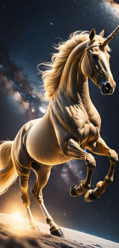 Majestic unicorn leaping in a vibrant galaxy backdrop.