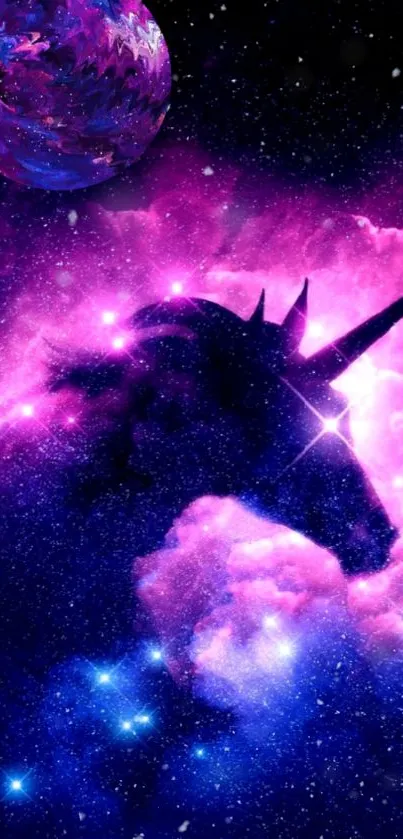 Purple and pink unicorn in galaxy with a magical cosmic setting.