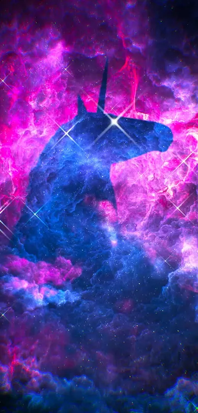 A unicorn silhouette in a vibrant galaxy-themed wallpaper with pink and blue hues.