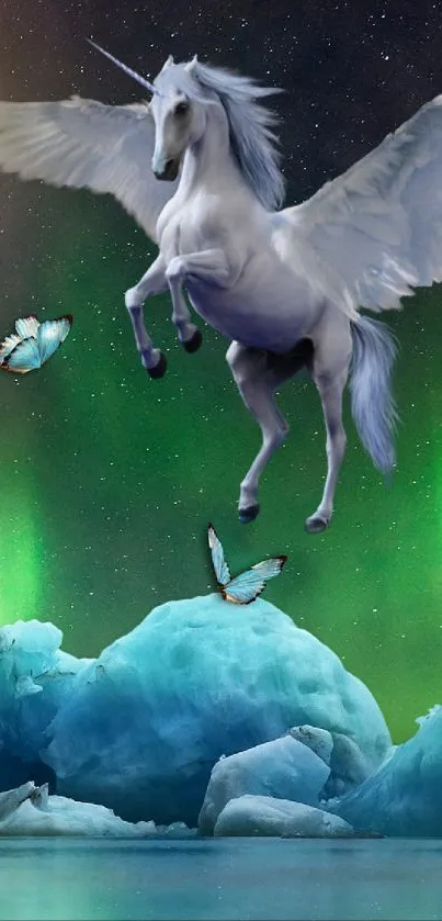 Flying unicorn over icebergs with aurora and butterflies.