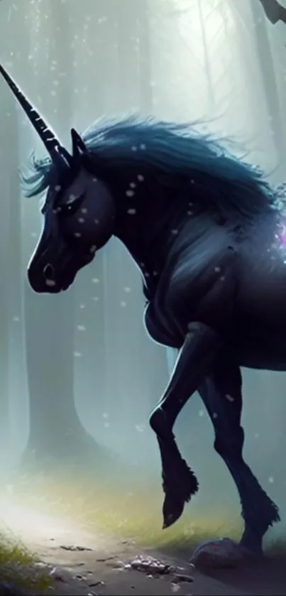 Dark unicorn glowing in a mystical forest.