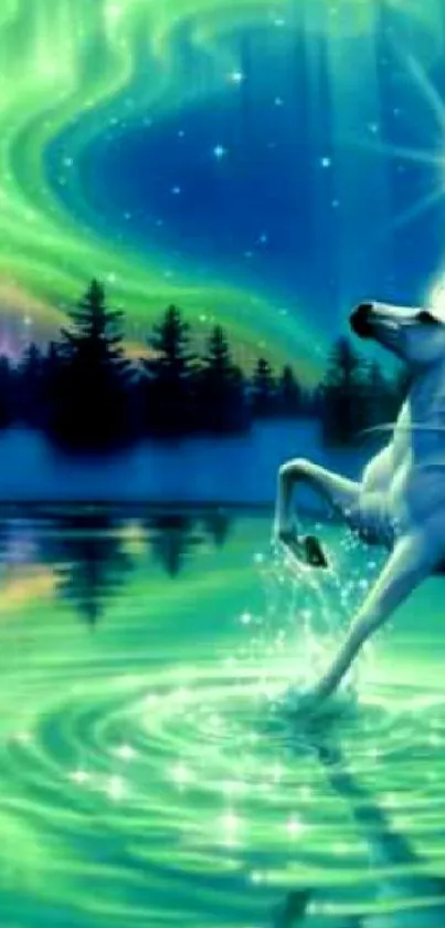 A unicorn rearing under the aurora borealis in a forested landscape.