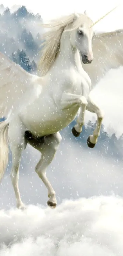 A mystical unicorn flying above white clouds.