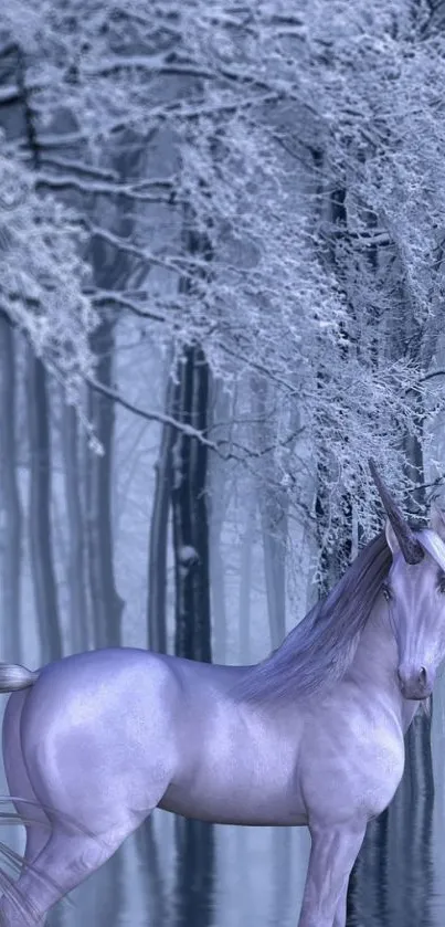 Unicorn standing in a snowy, mystical forest setting.