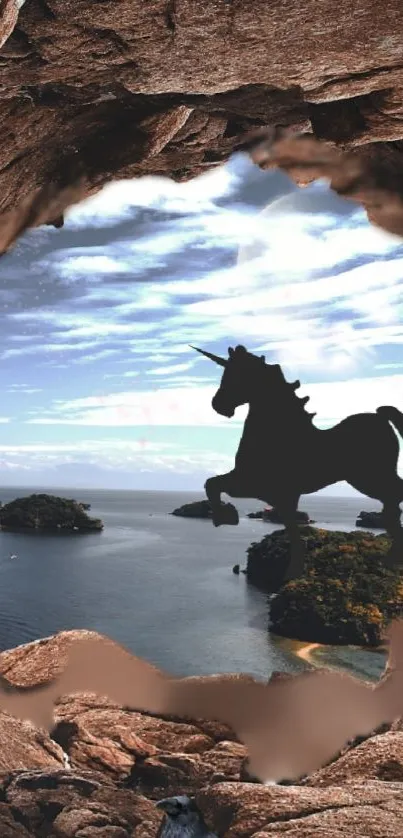 Mobile wallpaper with unicorn silhouette and island view.