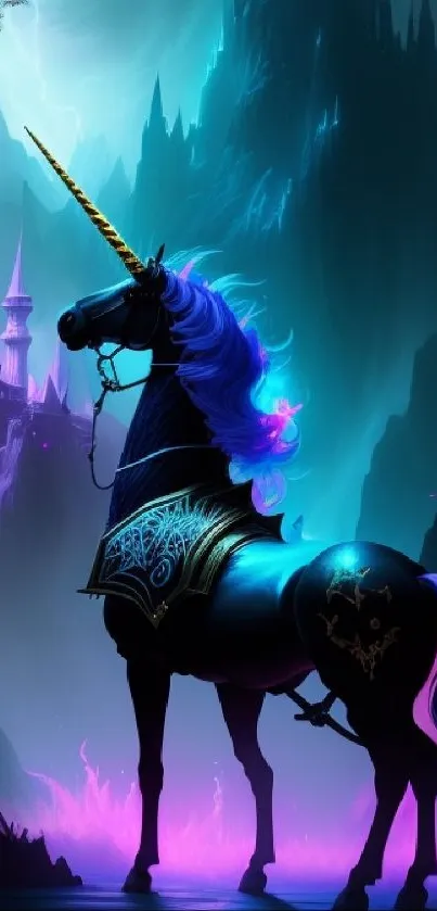 Mystical unicorn with glowing mane in a fantasy kingdom with purple hues.