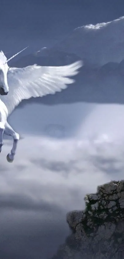 Winged unicorn soaring in misty clouds with a mountainous backdrop.