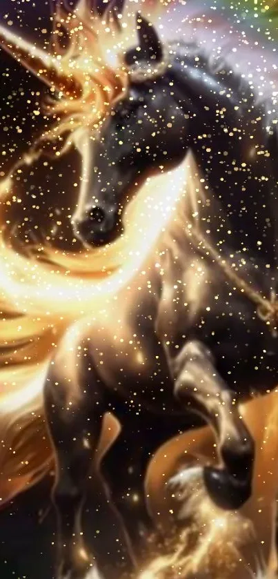 Beautiful unicorn with golden sparkles on a mystical fantasy background.