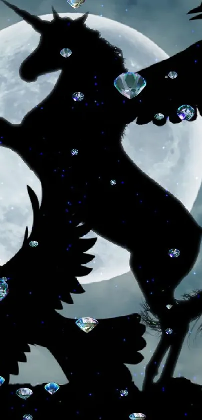 Unicorn silhouette with birds in moonlight.