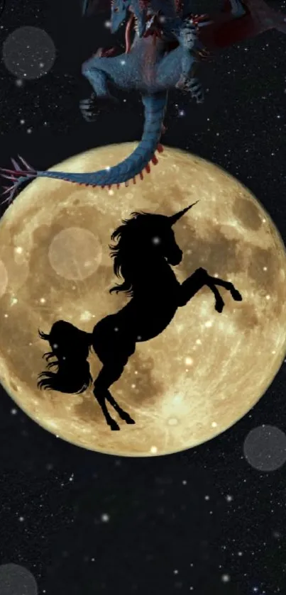 Unicorn silhouette on moon with dragon tail in starry night.