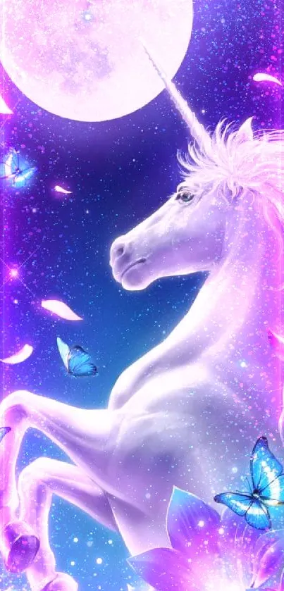 Unicorn with moonlight and butterflies mobile wallpaper.