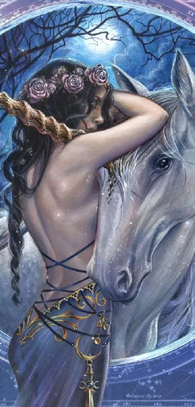 Mystical woman with unicorn in starry night art.