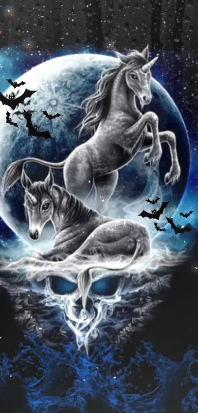 Mystical unicorns under a full moon with bats in a cosmic night scene.