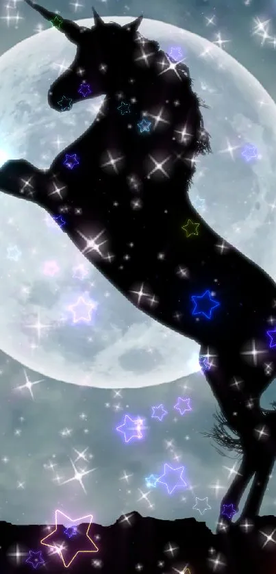 Silhouette of a unicorn against a full moon and starry night.