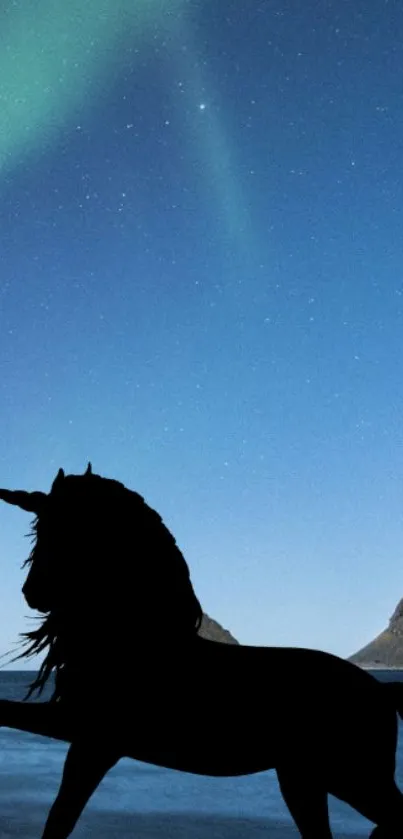 Silhouette of a unicorn against a starry night sky with aurora borealis.