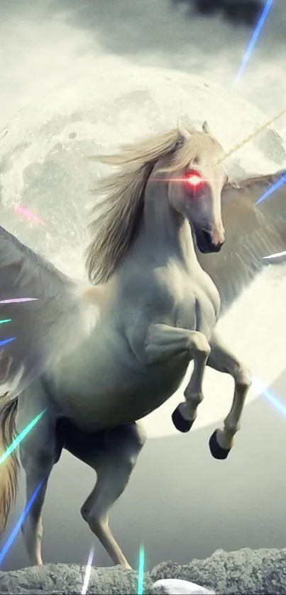 Mystical unicorn under moonlit sky, fantasy wallpaper.