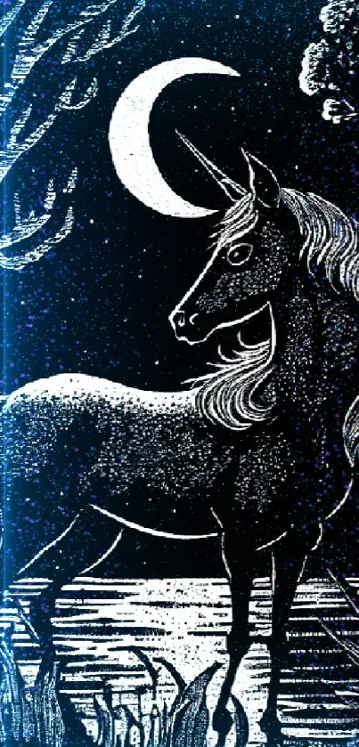 A unicorn stands under crescent moon in starry night landscape.