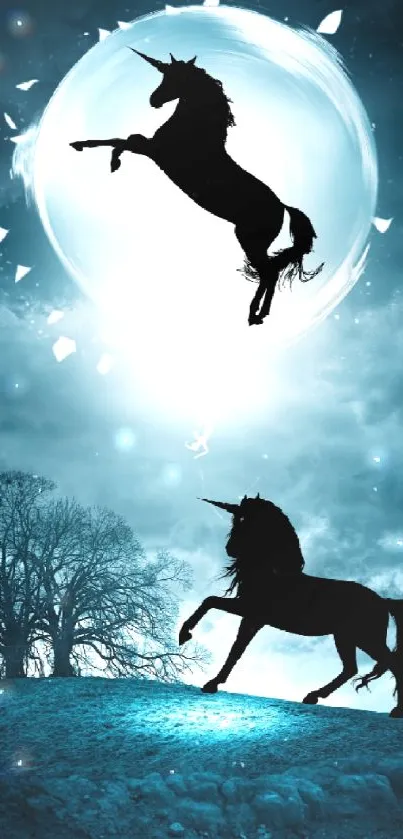 Silhouette of unicorns under a glowing moon on a mystical night.