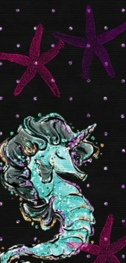 Mystical unicorn with starfish on a dark, starry night background.