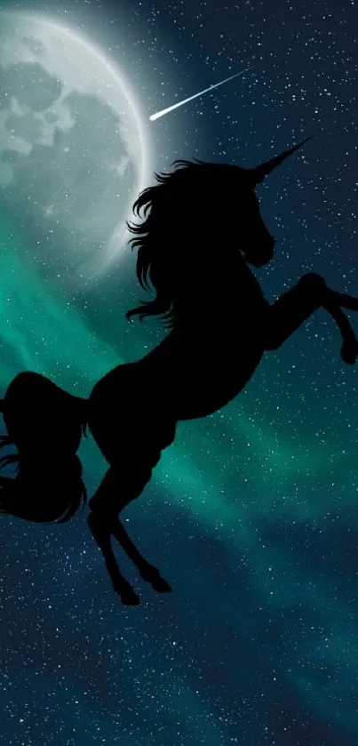 Silhouette of a unicorn against a starry night sky with a glowing moon.