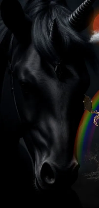 Enchanting black unicorn with a vibrant rainbow and mystical elements.