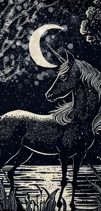 Unicorn beneath a moonlit, starry night sky in a mystical design.