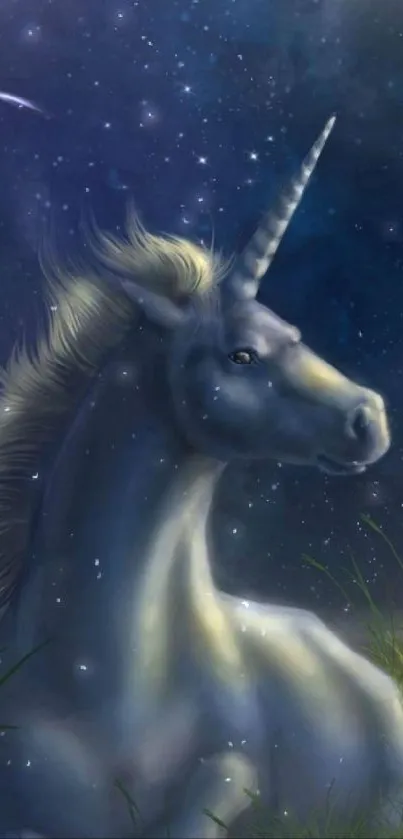 Mystical unicorn under a starry night sky mobile wallpaper.