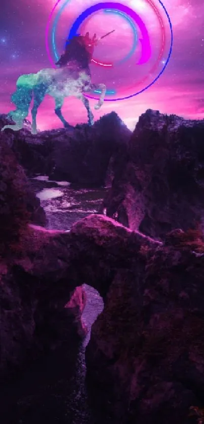 Mystical unicorn in neon landscape over cliffs at night.