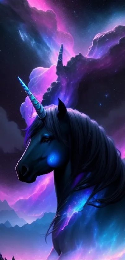 Mystical unicorn with vibrant purple and blue night sky.