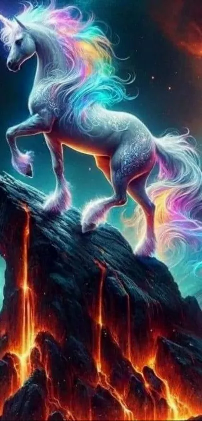A mystical unicorn with a rainbow mane stands on a fiery mountain in a fantasy scene.