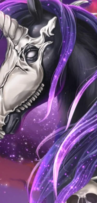 Purple unicorn skull with cosmic background in fantasy art style.